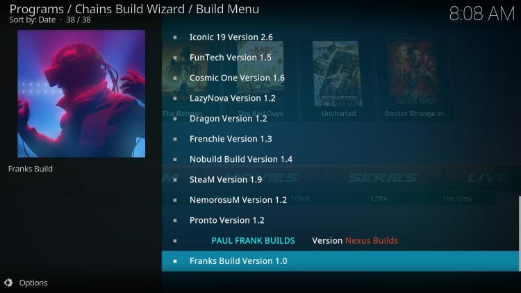 choose franks kodi build