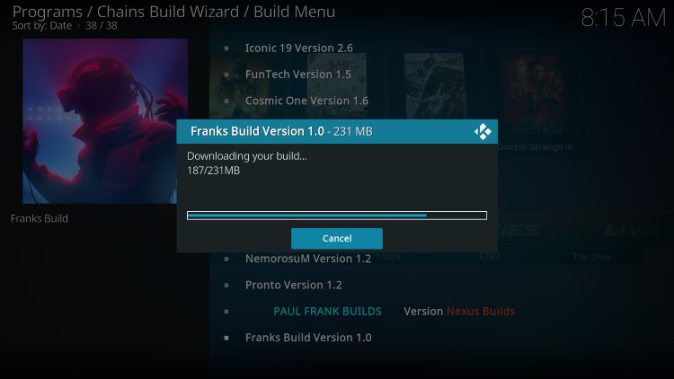 wait for franks kodi build to install