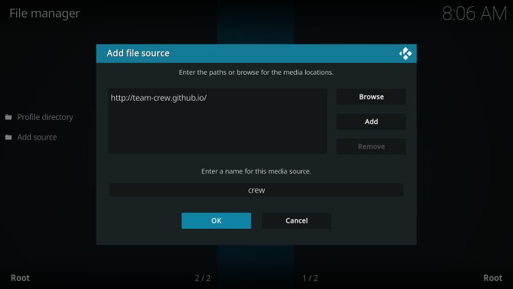 type crew for franks kodi build and click ok