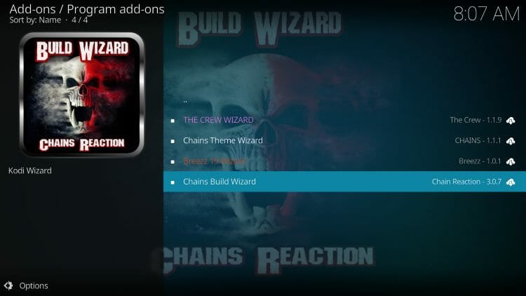 click chains build wizard for franks kodi build