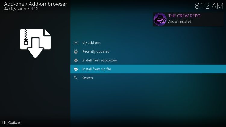 wait for the crew repository addon installed message for unleashed kodi addon
