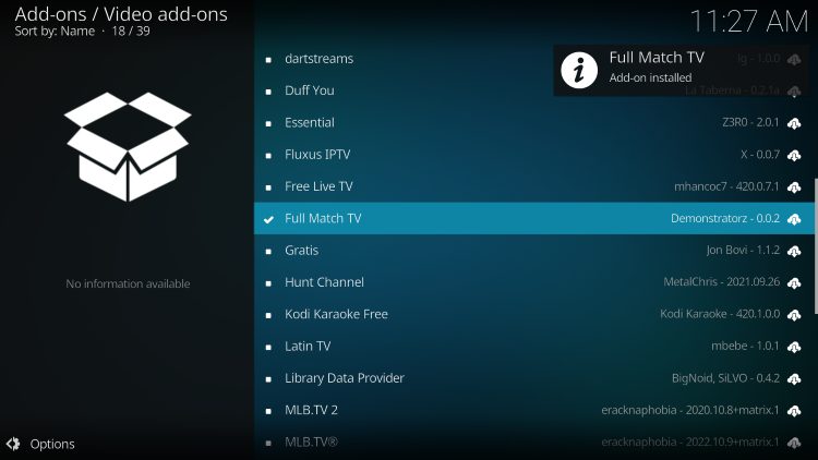 wait for full match tv kodi addon installed message to appear