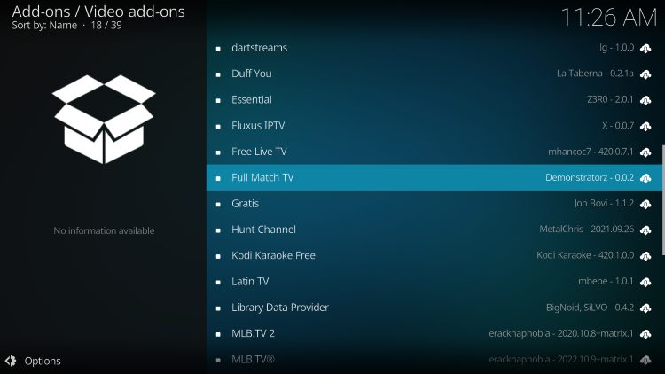 select full match tv kodi addon