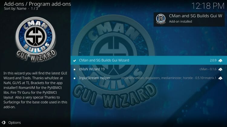 wait for cmans wizard repository addon installed message for onyx kodi build