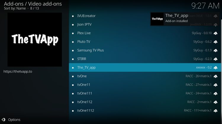 the tv app kodi addon installed message