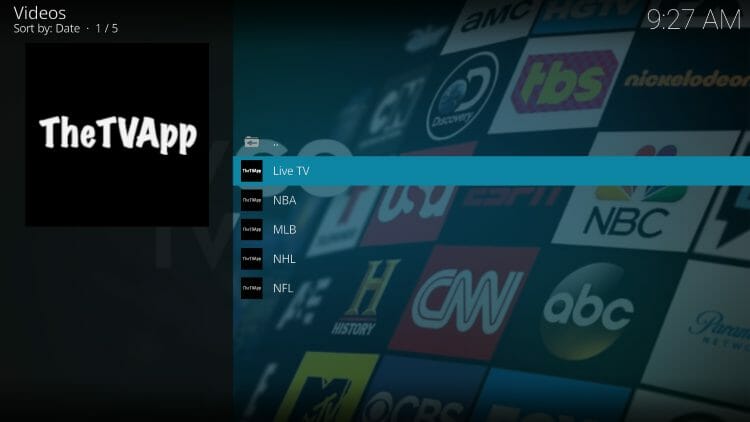 the tv app kodi addon home screen