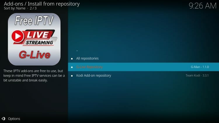 select g-live repository for tv app kodi addon