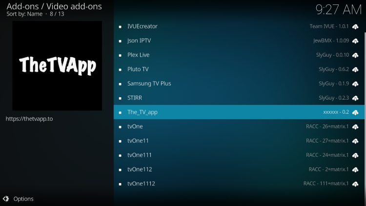 select the tv app kodi addon