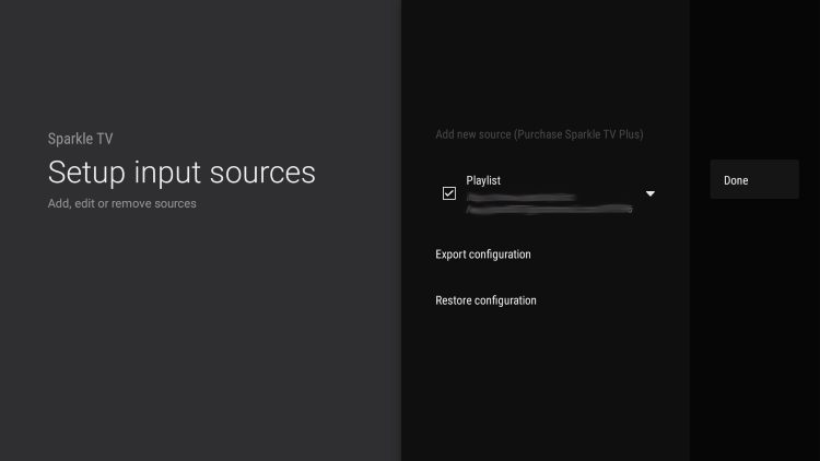 click done for playlist sources sparkle tv