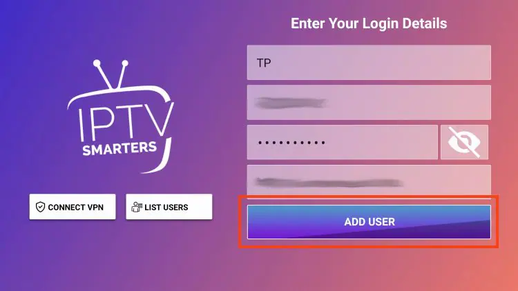 Saisie codes IPTV Smarters Pro