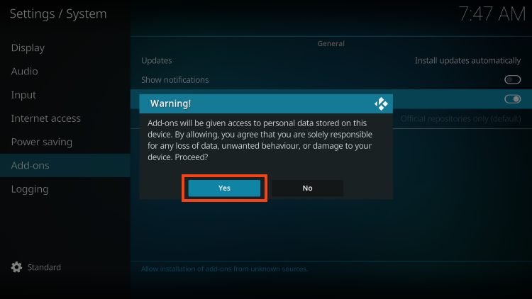 click yes for kodi warning