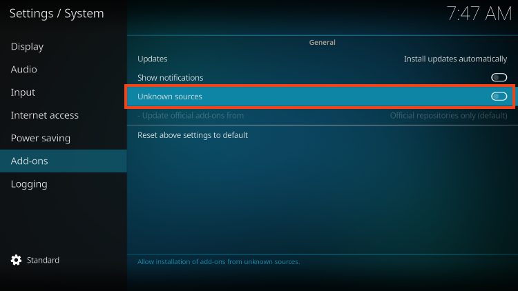 enable unknown sources for fen kodi addon