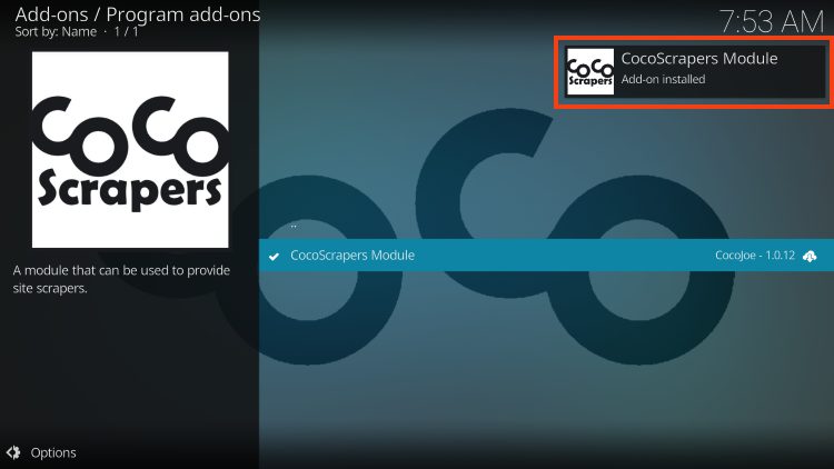 cocoscrapers module addon installed message