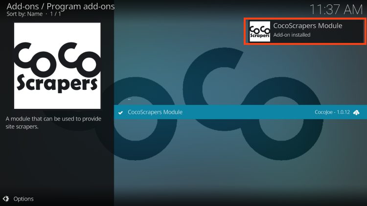 cocoscrapers addon installed for umbrella on kodi