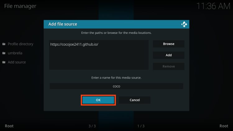 type coco and click ok for umbrella kodi addon