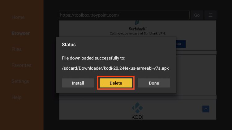 click delete to remove kodi on firestick installation file