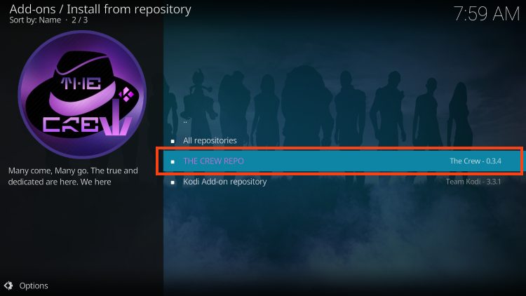 choose the crew repo on kodi