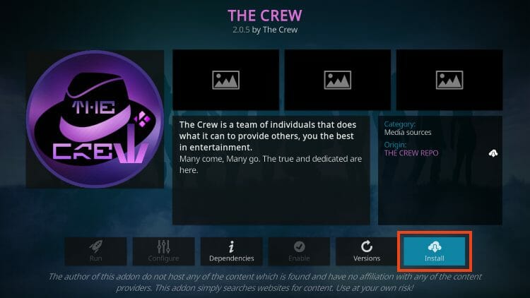 click install for the crew on kodi