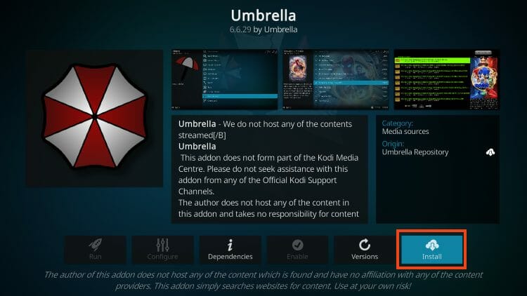 click install umbrella kodi addon