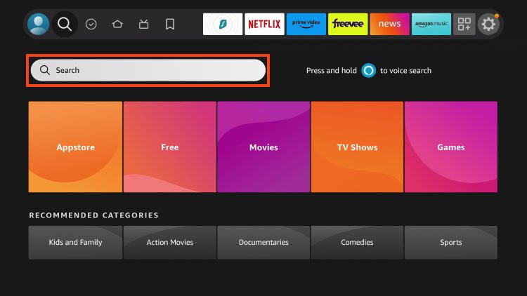 click the search box for tivimate on firestick android tv google tv