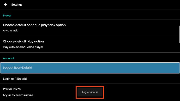 login success message for real debrid in nova tv