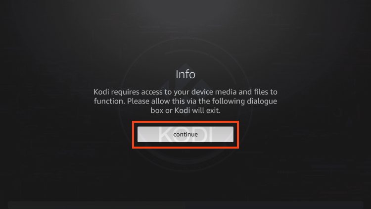 click continue for kodi on firestick installation