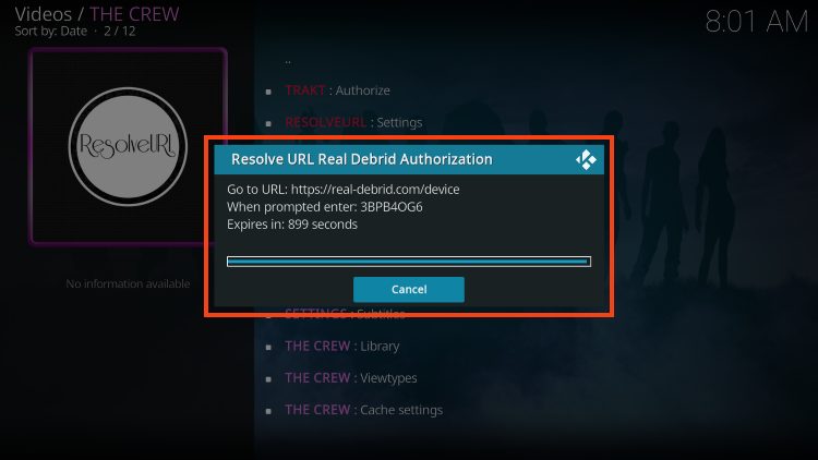 write down provided code for real debrid on the crew kodi