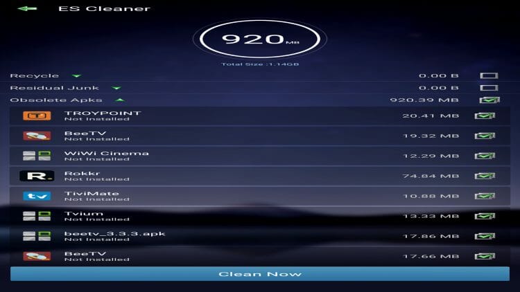 click clean now to use es file explorer on firestick