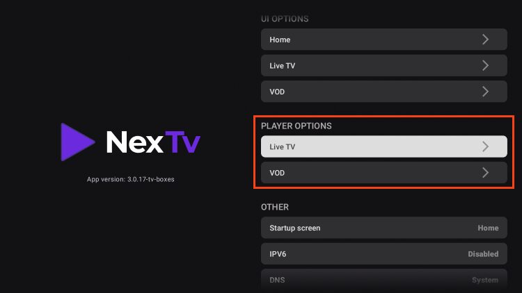 player options for Live TV & VOD