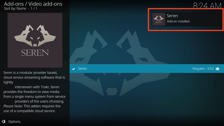 seren kodi addon installed message