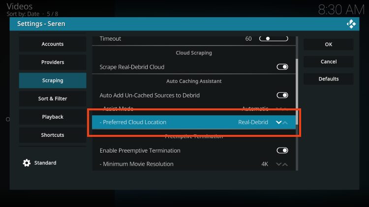 change preferred cloud location for seren kodi addon