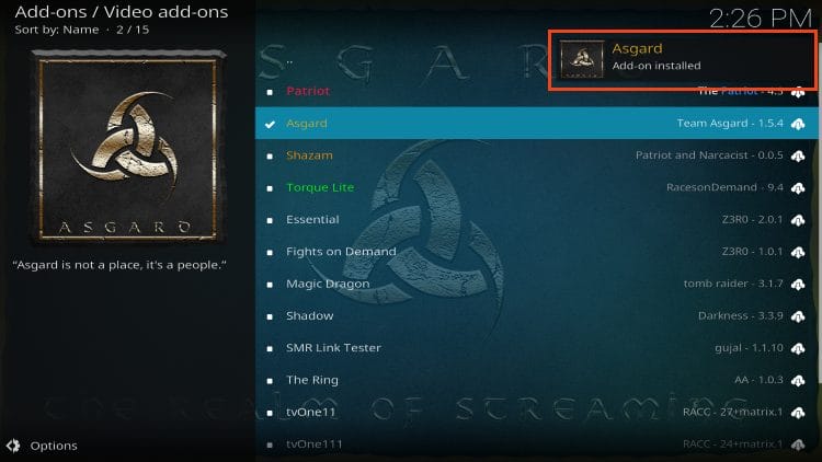 asgard kodi addon installed message