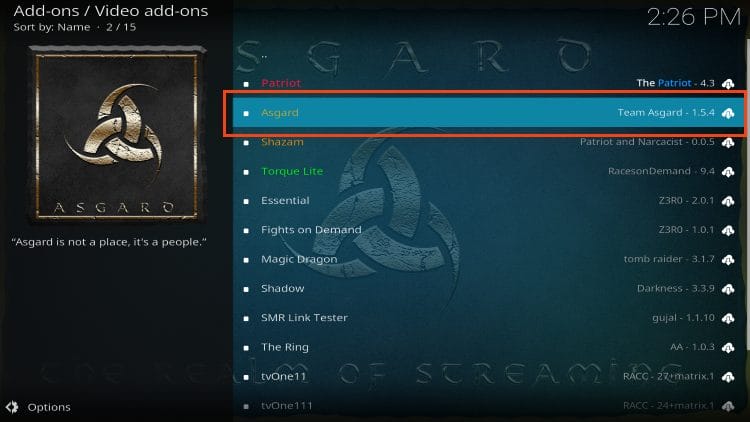 select asgard kodi addon