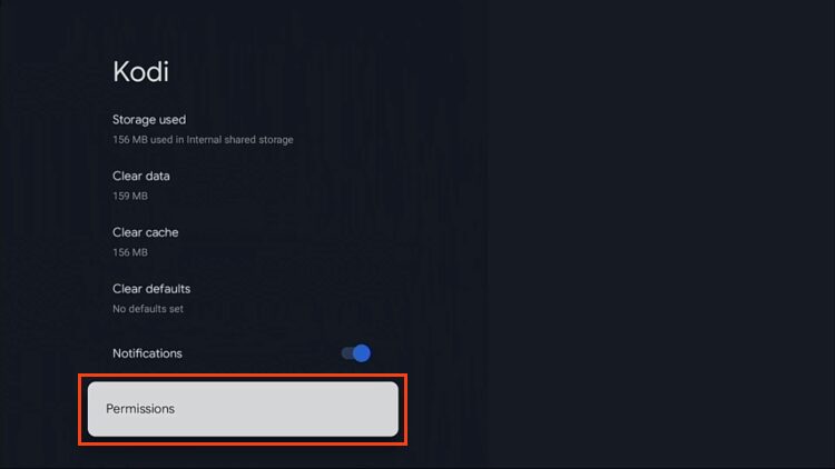 click Kodi and choose permissions