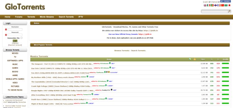 screenshot of glotorrents site