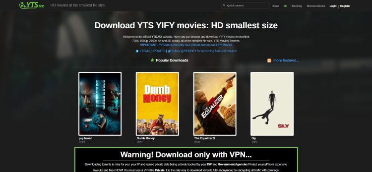 homepage for YTS Torrent Site