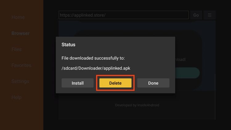 click delete to remove applinked installation file