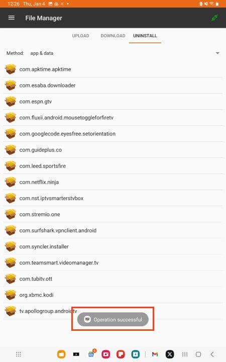 operation successful message after uninstalling app with easy fire tools