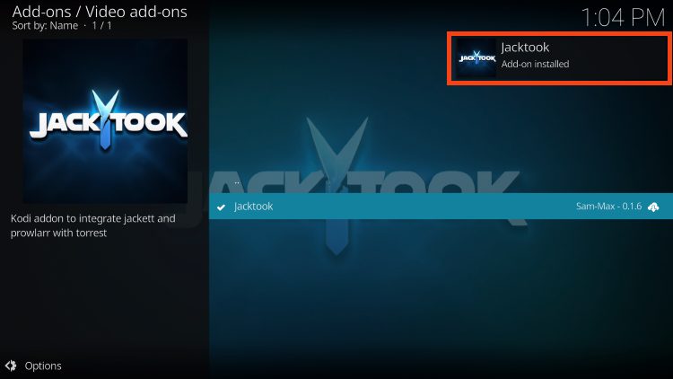 you will then see jacktook kodi addon installed message