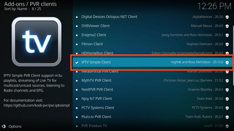select iptv simple client again to access M3U Playlists