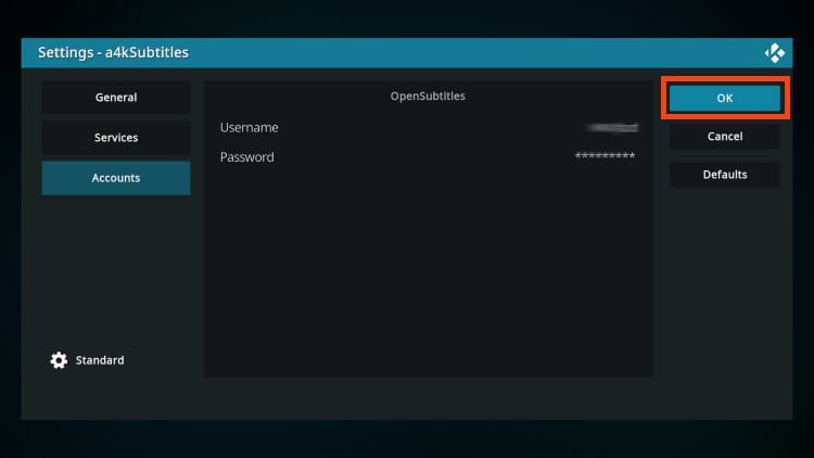 click accounts and enter your opensubtitles info. click ok