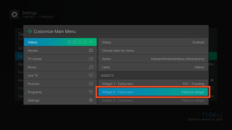 choose widget 2 for tv show widget
