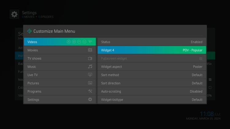 enable as many kodi widgets as you prefer