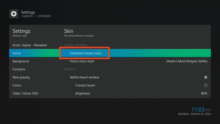 click customise home menu