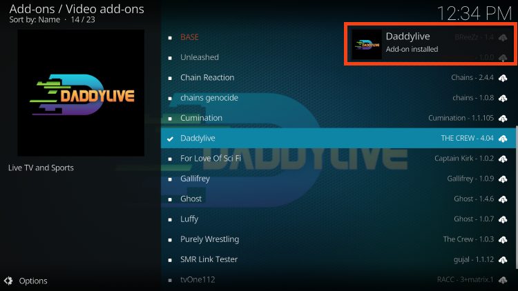 daddylive kodi addon installed message will display