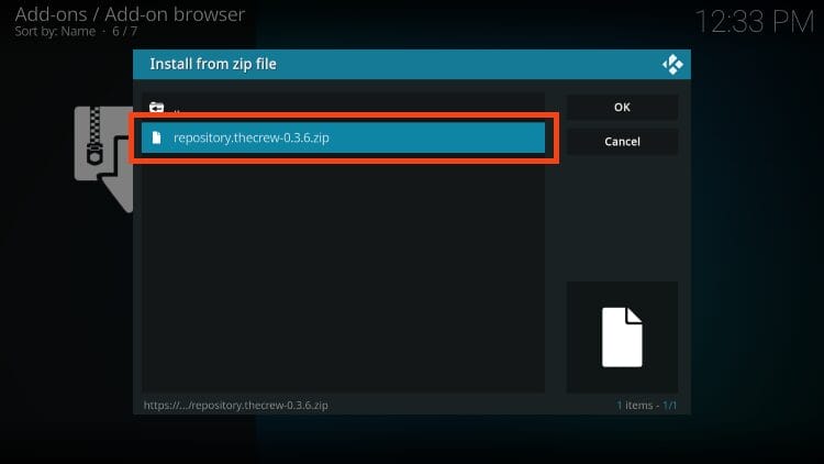 select repository.crew.zip to install the crew kodi addon