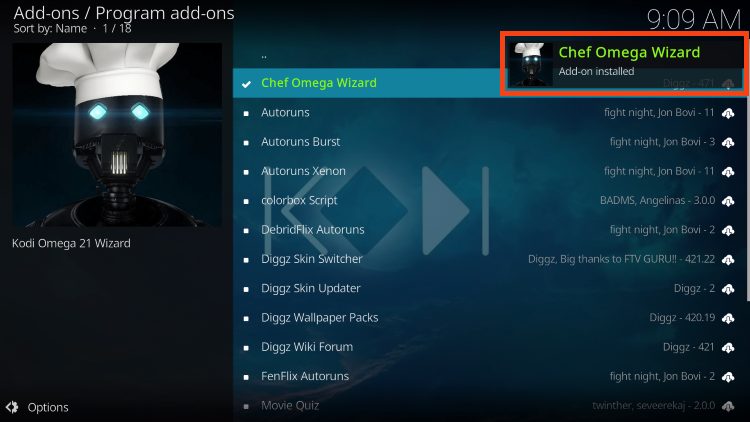 chef omega wizard addon installed message