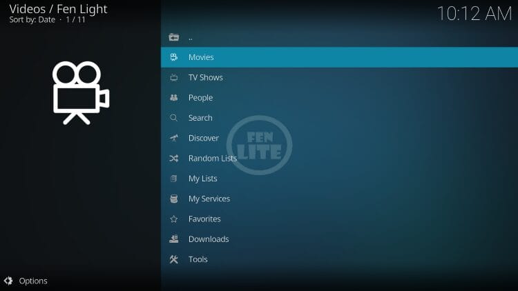 FEN Lite Kodi Home screen