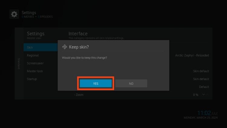 click yes to keep kodi skin