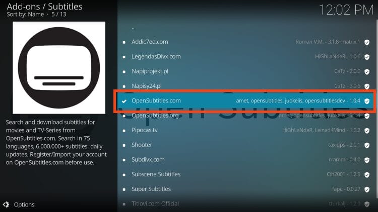 click opensubtitles addon